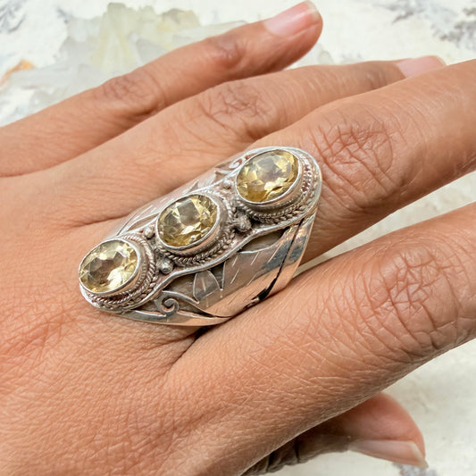 STERLING 3 CITRINE STONE SILVER RING