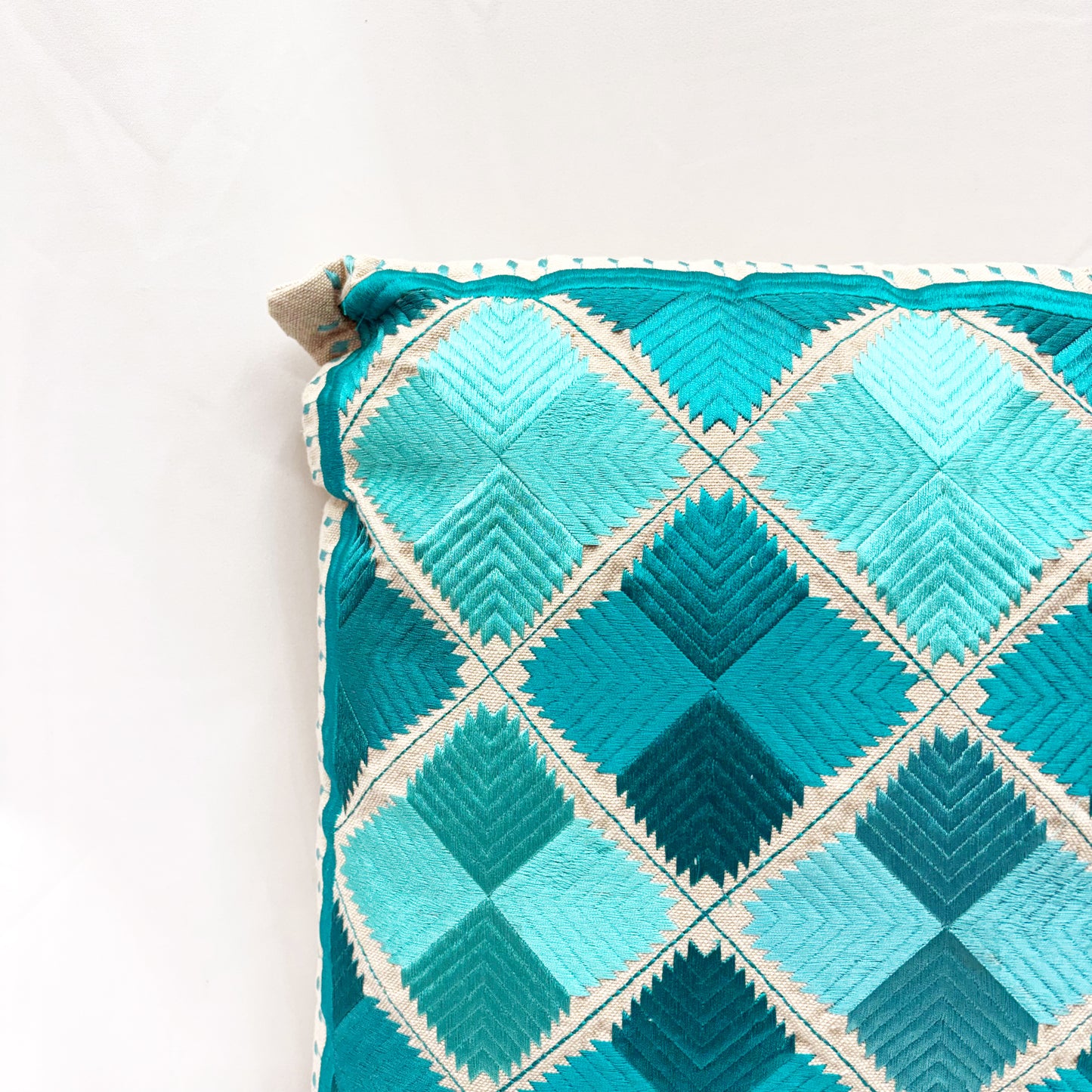 ‘AQUA & TEAL’ EMBROIDERED COTTON CUSHION 45CM