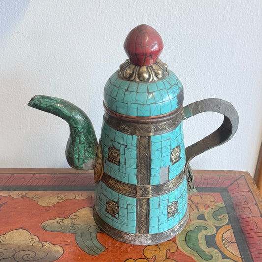 TIBETAN COPPER TORQUOISE INLAY VINTAGE PRELOVED POT 24CM