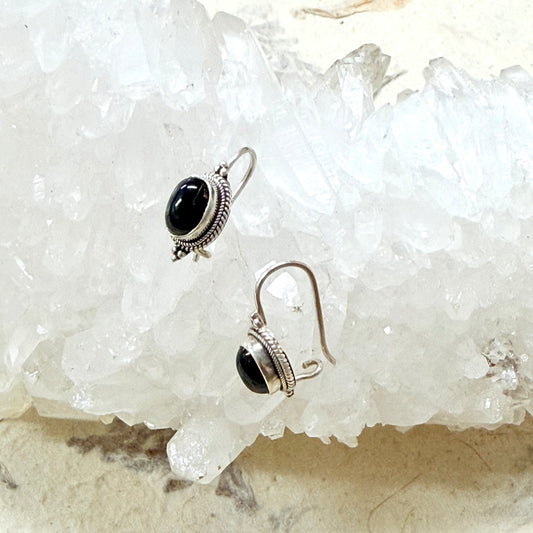 FACETED Black Onyx 925 Sterling Silver Earring (Kidney Hook)