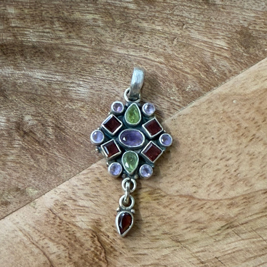 STERLING SILVER MULTI STONE PENDANT -GARNET, PERIDOT, AMETHYST, CITRENE
