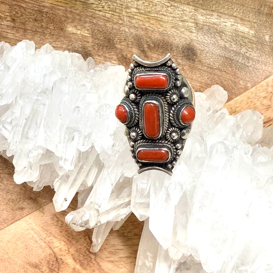 STERLING SILVER TIBETAN CORAL RING