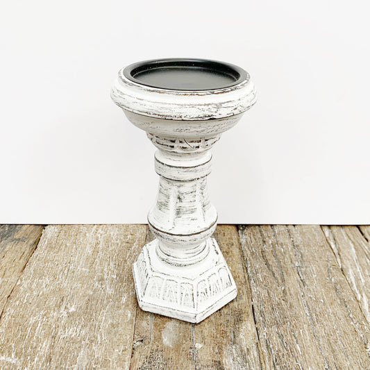WOODEN WHITE WASHED CANDLE STAND 10.5x21cm