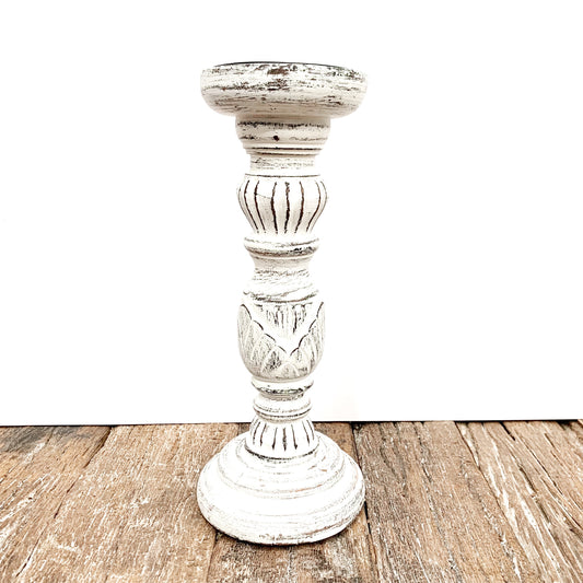 WOODEN WHITE WASHED CANDLE STAND LRG 30x11cm