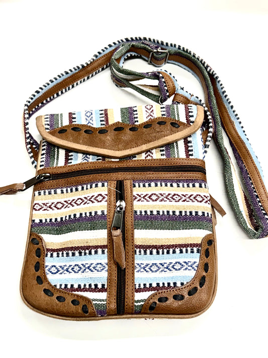 Cross Shoulder Handmade Leather & Cotton Bag 25x20cm LB3