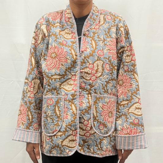 Reversible 100% Cotton Block Printed Jacket with Pocket Blue