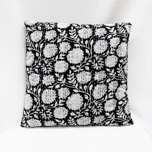 ‘NOIR FLORAL’ KANTHA HAND STITCHED CUSHION W/INSERT 45CM