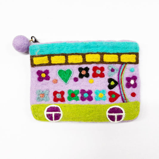 HANDMADE FELT 'BOHO BUS' PURSE (LAVENDAR) 18X14CM