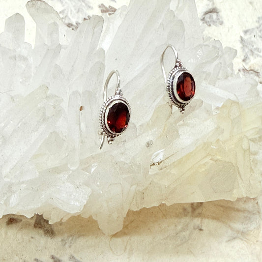 FACETED Garnet 925 Sterling Silver Earring (Kidney Hook)