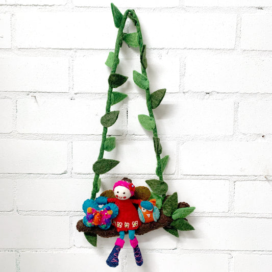FELT RED GARDEN FAIRY ON A SWING