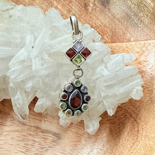 STERLING SILVER MULTI STONE PENDANT -GARNET, PERIDOT, AMETHYST, CITRINE