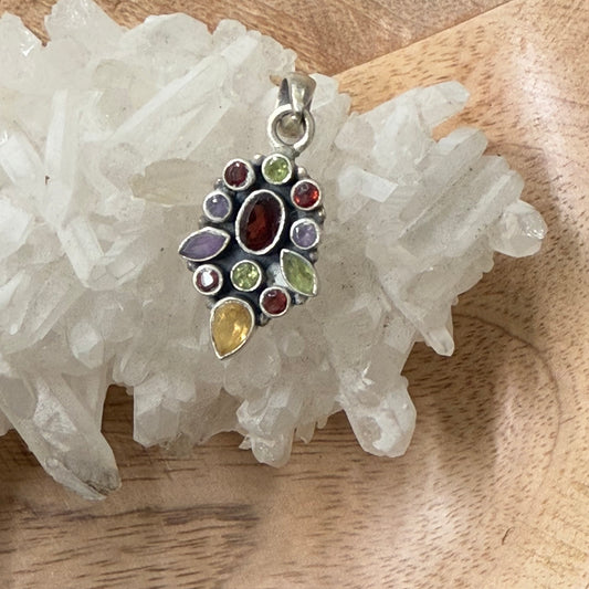STERLING SILVER MULTI STONE PENDANT -GARNET, PERIDOT, AMETHYST, CITRINE