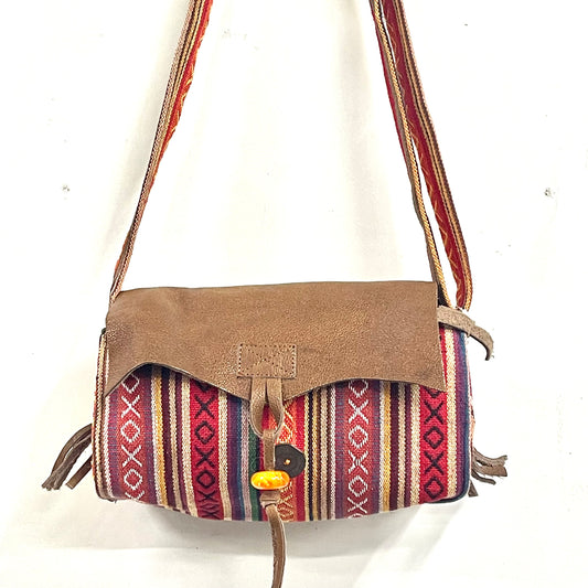 Cross Shoulder Handmade Leather & Cotton Bag 25x21cm