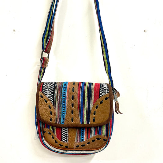 Cross Shoulder Handmade Leather & Cotton Bag 23x21cm