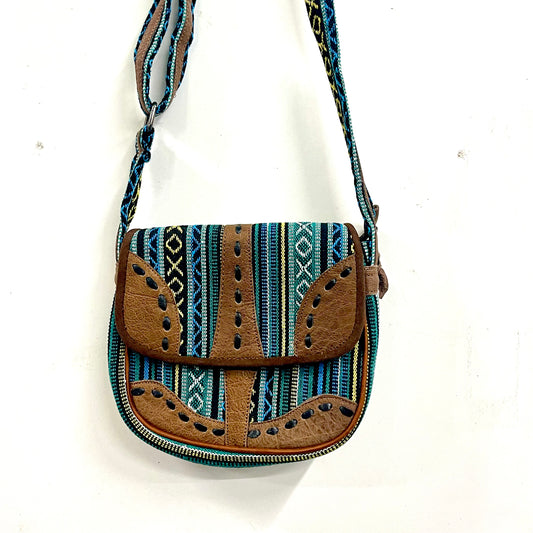 Cross Shoulder Handmade Leather & Cotton Bag 23x21cm