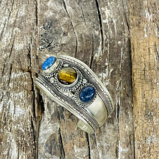 HANDMADE 3 STONE  LAPIZ TIGERS EYE CUFF
