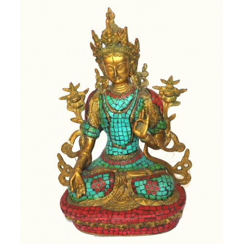 BRASS TURQUOISE INLAY GREEN  TARA 28CM