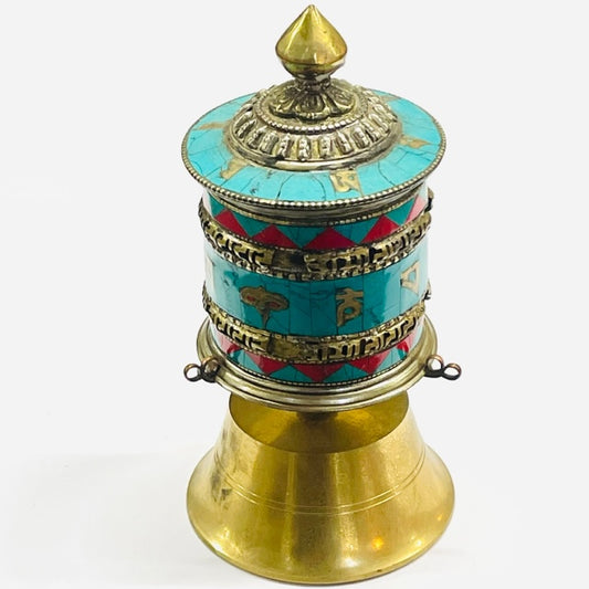 TORQUOISE INLAY PRAYER WHEEL 17X9CM