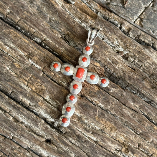 STERLING SILVER  CORAL CROSS PENDANT
