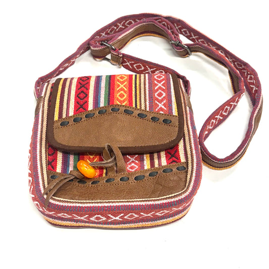 Cross Shoulder Handmade Leather & Cotton Bag 23x21cm