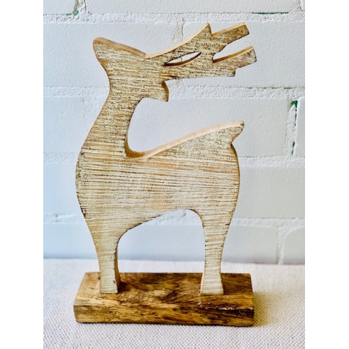 WOODEN WHITE WASHED REINDEER 34x21cm