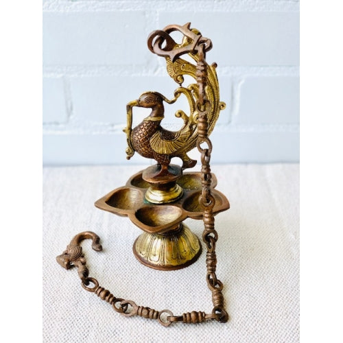 BRASS HANGING PEACOCK LAMP