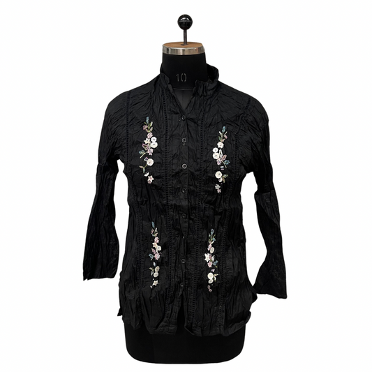 Black Floral Embroidered Crinkle Blouse 100% Cotton