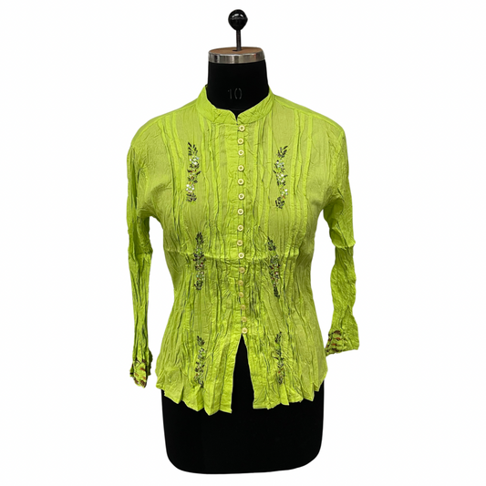Green Floral Embroidered Crinkle Blouse 100% Cotton