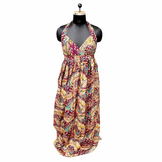 Yellow Tropical Print Halter Maxi Dress