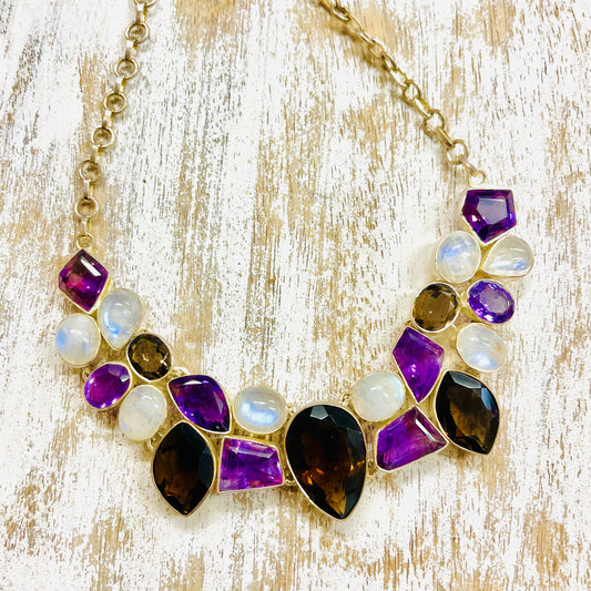 STERLING SILVER SMOKY QTZ, AMYTHYST MOONSTONE NECKLACE