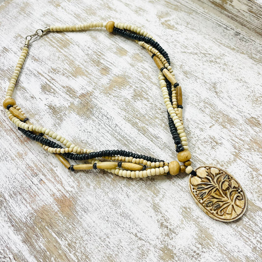 HANDMADE MULTI STRAND RESTORED BONE BEAD NECKLACE