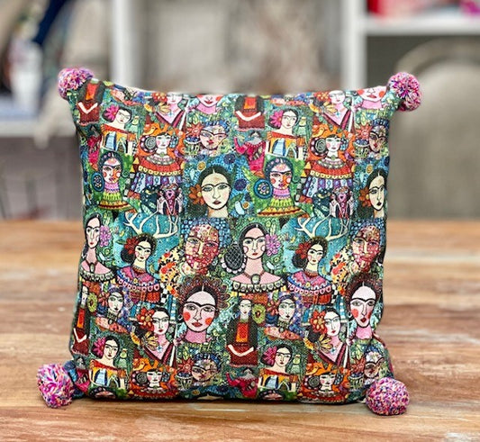 HEAVY COTTON FRIDA POMPOM CUSHION 45CM